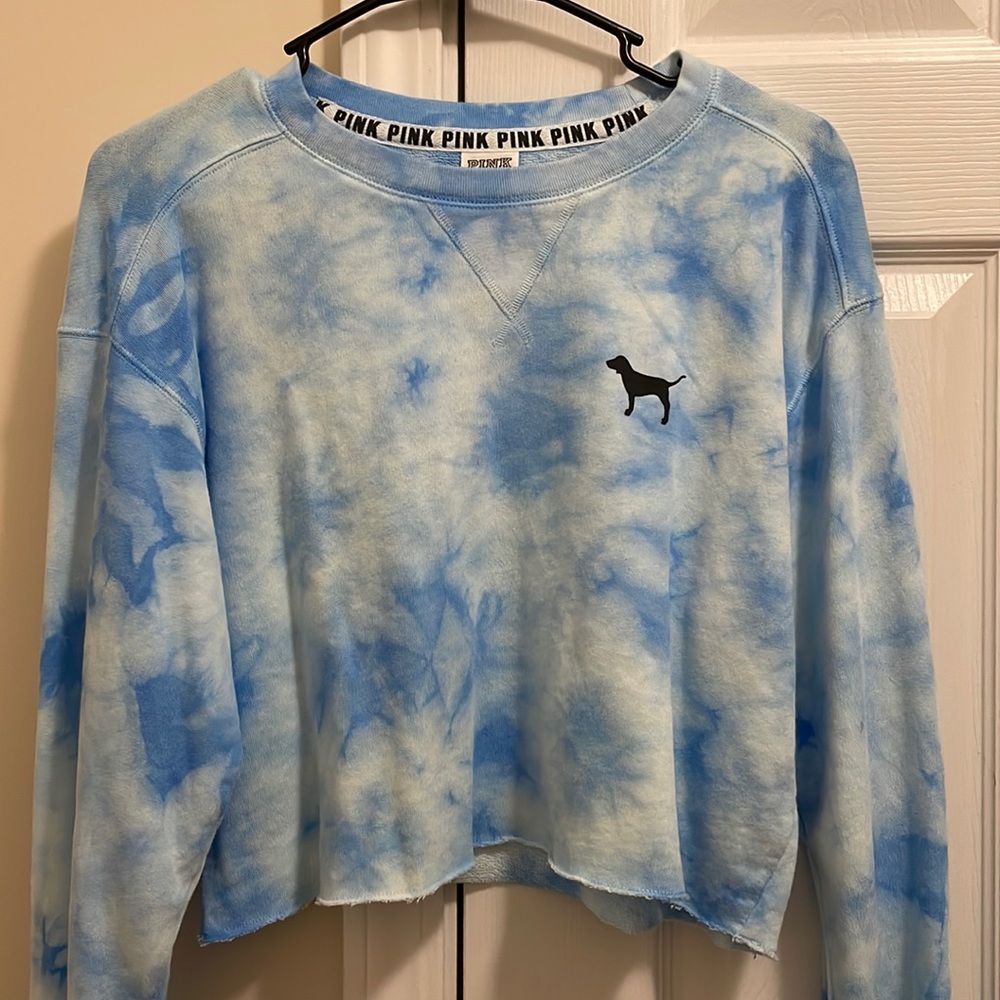 Blue Tie Dye Cropped PINK Pullover